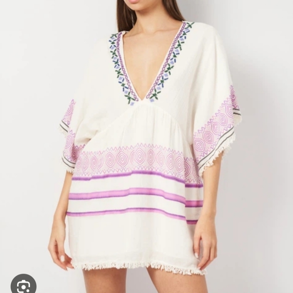 Zara Short Jacquard Mini Dress Deep V Neck Fringe Trim Beading Embroidery Sz Med